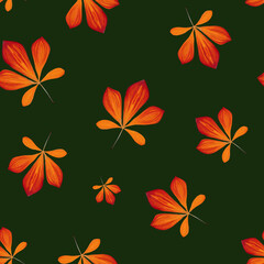 Fototapeta premium Seamless pattern with chestnut leaves in Orange, Brown and Yellow isolated on green. Perfect for wallpaper, gift paper, pattern fills, autumn greeting cards
