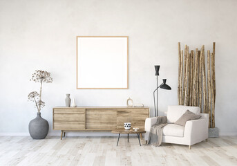 modern living room with couch and TV stand, frame mockup in the living room, living room with Heracleum and bamboo,  light interior of living room with wood floor and white wall, 3d render