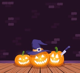 Halloween poster template with pumpkins on the floor. Halloween flyer with space for text. Vector illustration.
