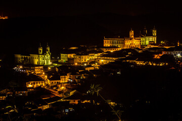 Fototapeta na wymiar Night aerial view of the historic center of the city of Ouro Preto, State of Minas Gerais, Brazil