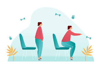 Young female character is exercising a home with sturdy chair on white background. Bending at the hips and lower down to sit on the chair doing squats. Flat cartoon vector illustration