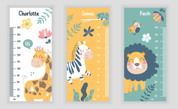 Set of colorful childish height charts for kids on grey background. Meter wall with cute animals. Poster template for nursery design. Flat cartoon vector illustration