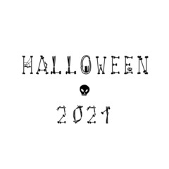 Halloween 2021 scary lettering phrase word made of bones sticks. Skull silhouette. Vector hand drawn illustration