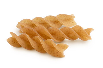 Wolegrain fusilli pasta from durum wheat isolated on white background with clipping path and full depth of field.