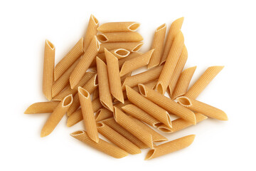 Wolegrain penne pasta from durum wheat isolated on white background with clipping path and full depth of field. Top view. Flat lay,