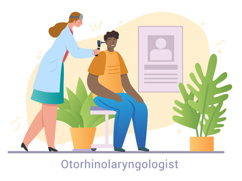Female otorhinolaryngologist is taking care of patients ear on white background. Doctor helps patient to feel better. Medical workplace scene. Flat cartoon vector illustration