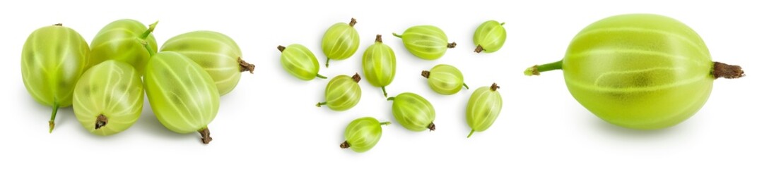 Green gooseberry isolated on white background. Set or collection