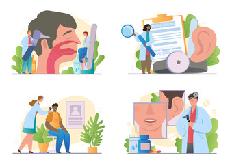 Set with otorhinolaryngologist and patients on white background. Concept of healthcare, otoscopy, nasopharyngoscopy, audiometry. Hospital scenes. Flat cartoon vector illustration