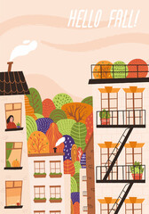 Autumn city with trees. Woman looking out of the window, pumpkin, cup and book. Hand-drawn vector illustration with texture.