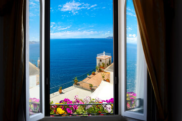 Scenic open window view of the Mediterranean Sea from a room along the Amalfi Coast near Sorrento, Italy