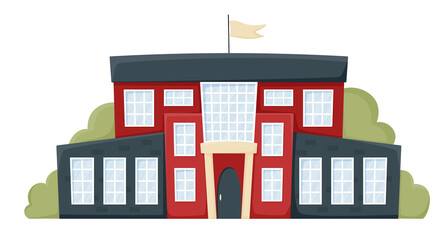 Modern school building in red color. A city landscape with a house facade. Front view of learning building. Isolated vector illustration in flat cartoon style