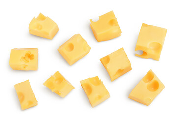 cubes of cheese isolated on white background with clipping path. Top view. Flat lay