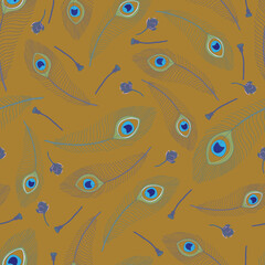 Vector mustard peacock feathers and lotus