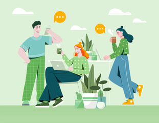 Male and female emplyees at comfortable workplace with good conditions. Concept of positive work environment with happy employees. Healthy relations between workers. Flat cartoon vector illustration