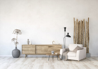 modern living room with couch and TV stand, wall mockup in the living room, living room with Heracleum and bamboo, light interior of living room with wood floor and white wall, 3d render