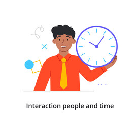 Smiling male character is holding time clock in hand on white background. Concept of people spending time efficiently, time management and schedule. Flat cartoon vector illustration