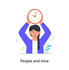 Cheerful female character is holding time clock in hands over her head on white background. Concept of people spending time efficiently, time management and schedule. Flat cartoon vector illustration