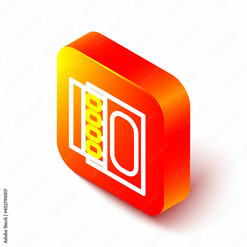 Poster isometric line open matchbox and matches icon isolated on white background. orange square button. ve