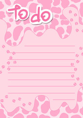 To do list with animal print. Cow, cow wool, ornament. Note paper, stickers templates decorated by cute beauty cosmetic illustrations and trendy lettering. Flat doodle vector.