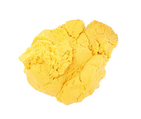 Pile of yellow kinetic sand on white background, top view