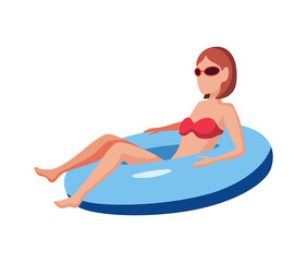 Woman float on air mattress. Fun female character with glasses. Young lady swimming on inflatable ring. Summertime flat cartoon illustration