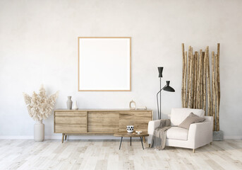  modern living room with armchair and TV stand, frame mockup in the living room, living room with dried flower and bamboo, light interior of living room with wood floor and white wall, 3d render