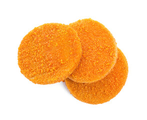 Delicious fried breaded cutlets on white background, top view