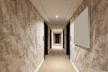 Long hotel corridor interior