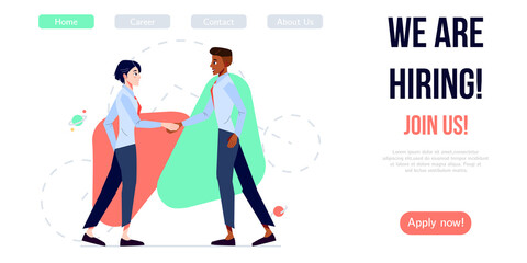 We are hiring banner design. Job vacancy vector poster. People shake hands. Boss hires new employee, HR recruiting new staff members. Business recruiting creative concept.
