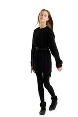 Stylish teenage girl with long hair flying on air