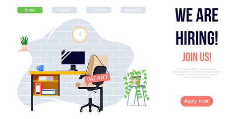 We are hiring banner design. Job vacancy vector poster. Empty office workplace with desk, chair and vacant sign on it. Business recruiting creative concept.