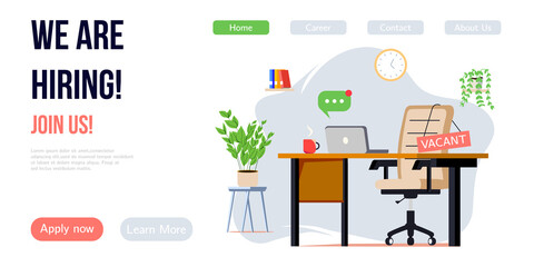 We are hiring banner design. Job vacancy vector poster. Empty office workplace with desk, chair and vacant sign on it. Business recruiting creative concept.