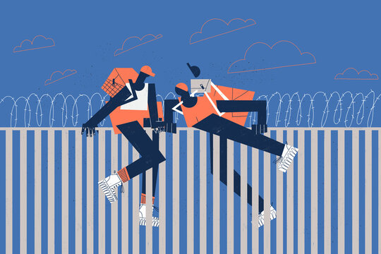 Mother and son refugees’ migrants trying to climb over the fence and barbed wire. Migrant drama illustration.
