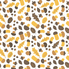 Fall Yellow brown forest leaves mushrooms pattern. Vector illustration on white background