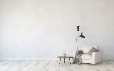 living room with armchair, wall mockup in the living room, light interior of living room with wood floor and white wall, 3d render