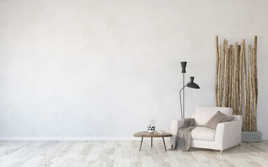 living room with armchair and bamboo, wall mockup in the living room, light interior of living room with wood floor and white wall, 3d render