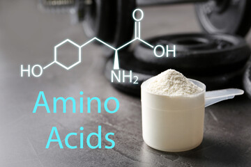 Measuring scoop of amino acids powder on grey table
