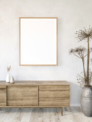 frame mockup with Heracleum and vase, light modern interior  with wood floor and white wall, 3d render