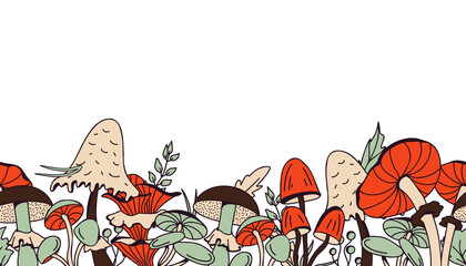 Hand-drawn vector seamless border with mushrooms in orange, beige, brown and green on a white background. Illustration in retro and cottage-core style with plants of the autumn forest.