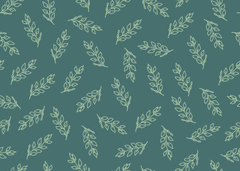 Hand-drawn vector lineart seamless pattern with green leaves on a dark background. Simple illustration in retro and cottage-core style with plants.