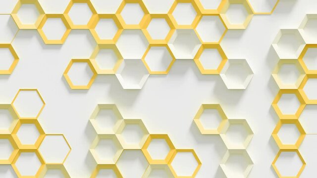 Futuristic Hexagons Surface Loop 1 Yellow x White: light bright clean texture hexagonal grid pattern, waving motion background canvas in vibrant yellow. Honeycomb surface. Seamless loop.

