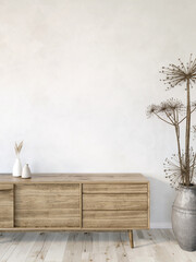 wall mockup with Heracleum and vase, light modern interior with wood floor and white wall, 3d render