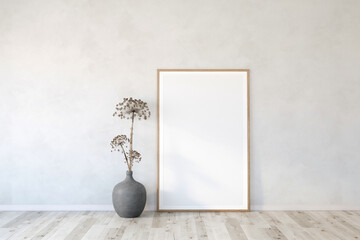frame mockup with Heracleum and vase, light modern interior with wood floor and white wall, 3d render