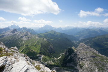Naklejka premium Lagazuoi is a mountain in the Dolomites of northern Italy, lying at an altitude of 2,835 metres, about 18 kilometres southwest by road from Cortina d'Ampezzo in the Veneto Region. The mountain is part