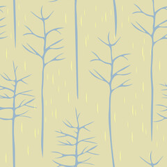 Abstract seamless pattern with foggy forest, creative blue trees on a light olive background. Landscape texture for wallpapers, covers, patterns, fabric printing, digital paper, postcards, banners