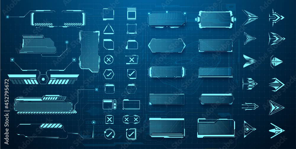 Poster futuristic user interface elements arrow, button, frame. holographic elements of the hud user interf