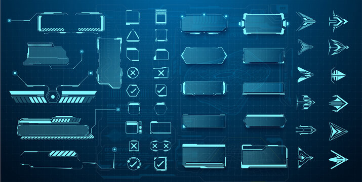 Futuristic user interface elements arrow, button, frame. Holographic elements of the hud user interface, high-tech panels. A set of illustrations of interface icon. Panels, hologram window or display