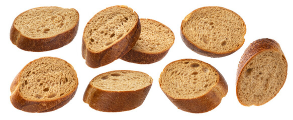 Falling slices of rye bread isolated on white background 