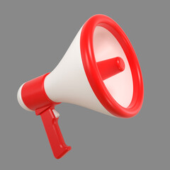 A bright red and white three-dimensional megaphone isolated on a gray background. 3d render