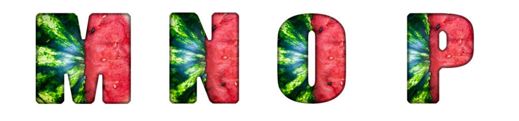 Letters M, N, O, P made from cut watermelon